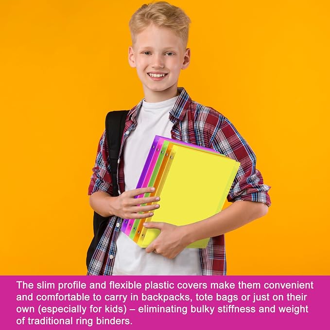Fulmoon 6 Pack 0.5 Inch Plastic 3 Ring Binders with Pockets, Neon Colors | Flexible Covers with Round Rings and Front Pockets for Organizing Papers at School, Office, Meetings and Presentations