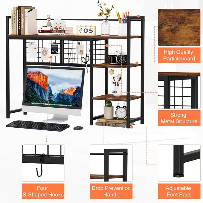 Snughome Desk Shelf, 38.6" Desktop Organizer Shelf, Desk Hutch for Computer Monitor, 4 Tier Desk Display Rack with Pegboard Hooks Set, Wood Desktop Bookshelf for Home Office Dorm