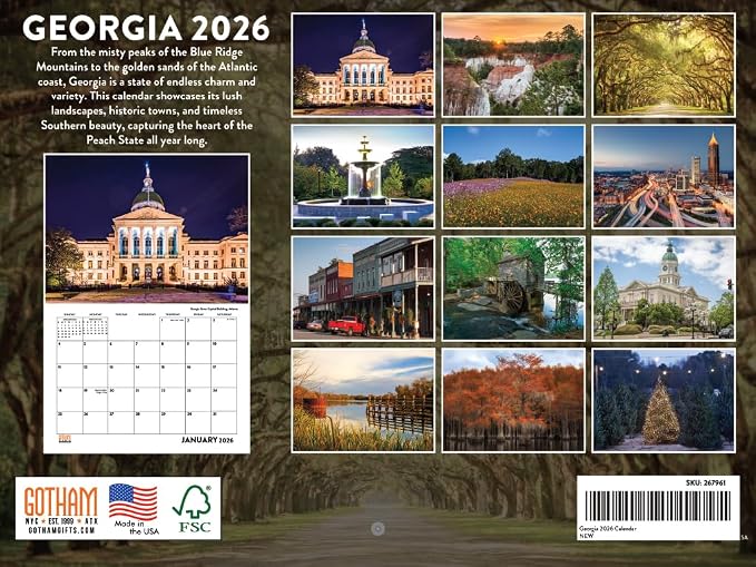Georgia Calendar 2026 Wall 12 Month Monthly GA Scenic Souvenirs Georgian Themed Gifts | American Made In The USA