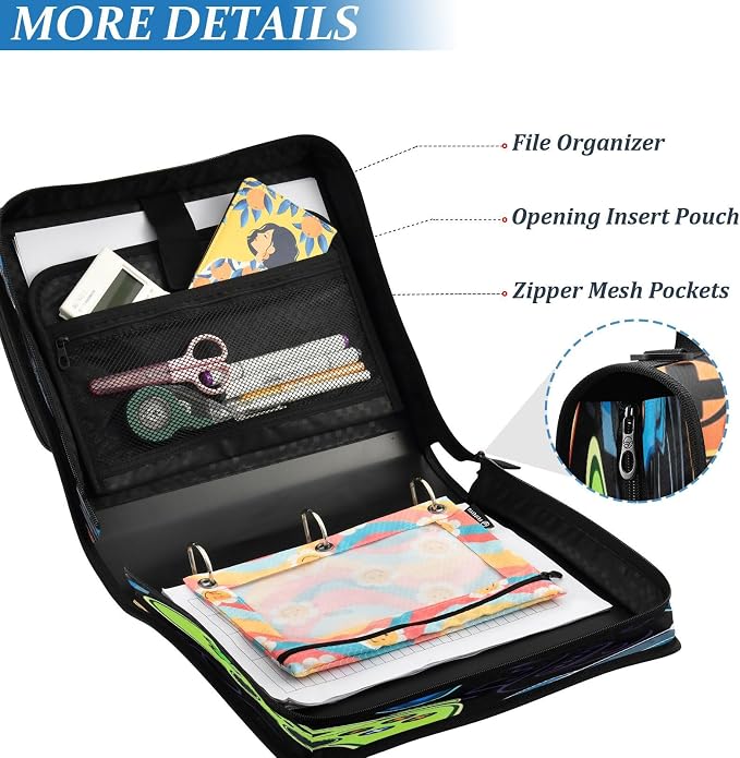 ATTX Colorful Video Game Controllers Zipper Binder with Adjustable Padded Strap - 3 Ring 500 Sheet Capacity Binder Bag with Multi-Pocket Organizer, Fits 12 Inch Laptop#252