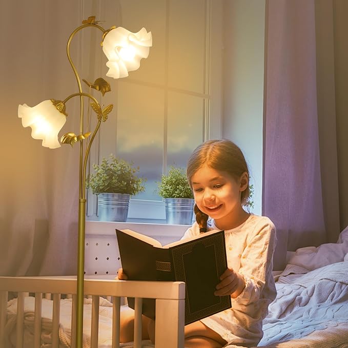 HMVPL Gold Floor Lamp for Living Room, Flower Standing Lamp with 2 LED 5W Blubs, Foot Switch, Floral Tall Lamp with Acrylic Shade, Antique Lotus Flower Floor Lamp for Living Room Office Reading