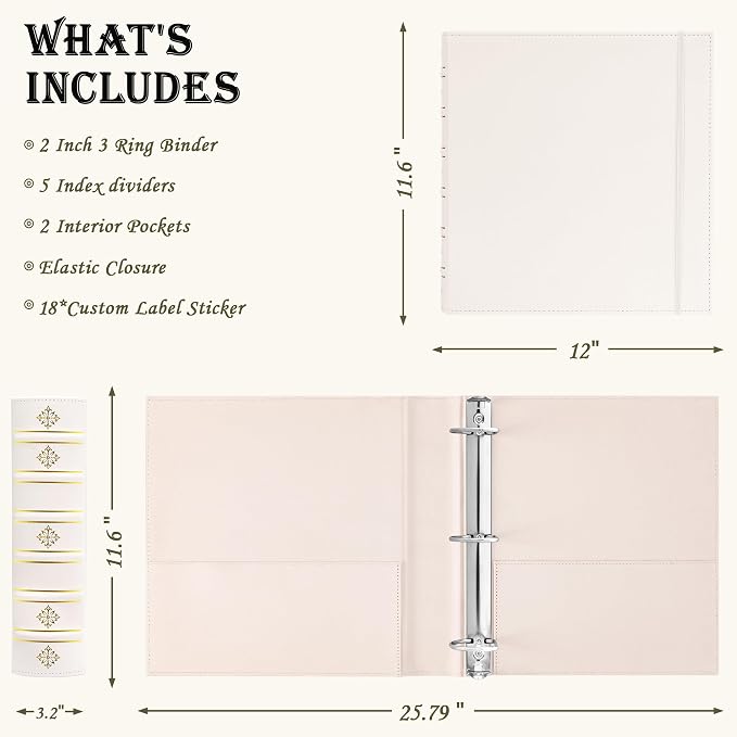 Ospelelf Leather 3 Ring Binder 2 Inch, Vintage D Ring Binder with Pockets and 5 Tab Dividers, Hardback Book Style Document Organizer Fits Letter Size for Home and Office White