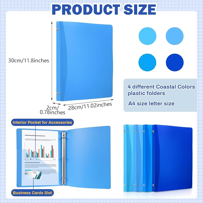 CHENGU 12 Pack Plastic 3 Ring Binders 0.79 Inch with Pocket | Flexible Soft Binder, Blue Binder, Holds 200 Sheets, Round Ring, School Office Meeting Supplies