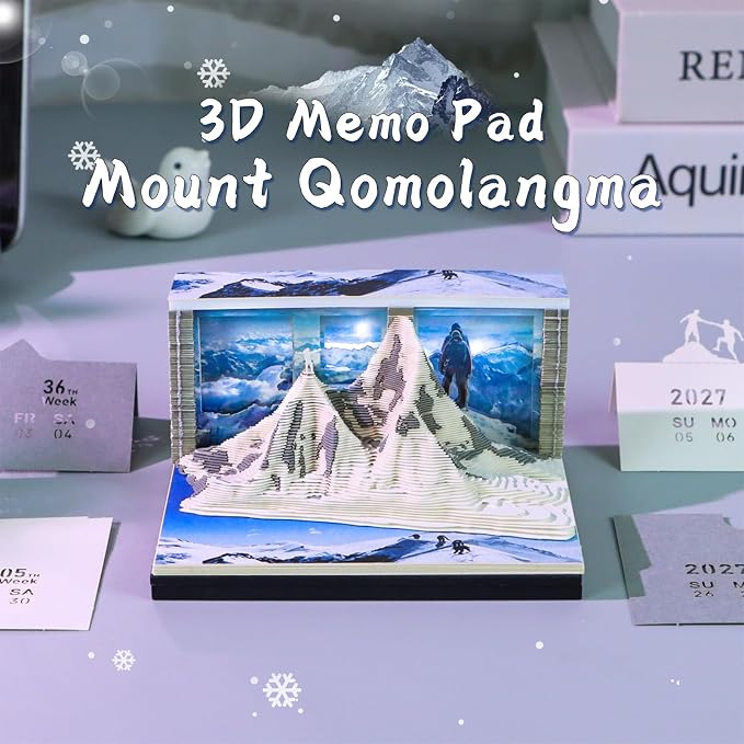 3D Time Piece Calendar, 2027 Desk Calendar With LED Light, 3d Tree Memo Pad Creative Desk Calendar, Christmas Gift for Colleague Friend, Desktop Decoration (Mount Everest)