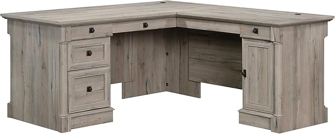 Sauder Palladia L Shaped Desk with Drawers, Office Desk with File Cabinet Storage, Cable Management, Keyboard Tray, in Split Oak finish