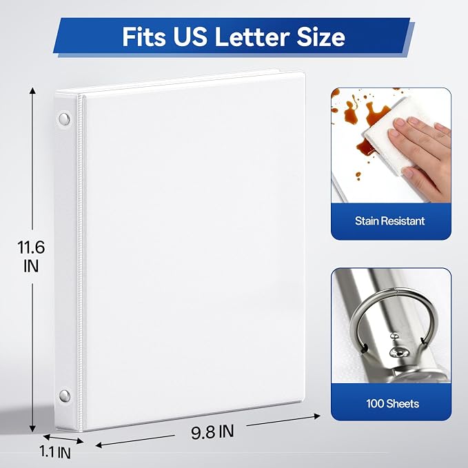 GNL 1/2 Inch Binders 3 Ring Economy 12 Packs White, Half Three Ring (Fits 100 Sheets of 8.5x11 Paper) Clear View PVC-Free & Non-Stick for School or Office Supplies
