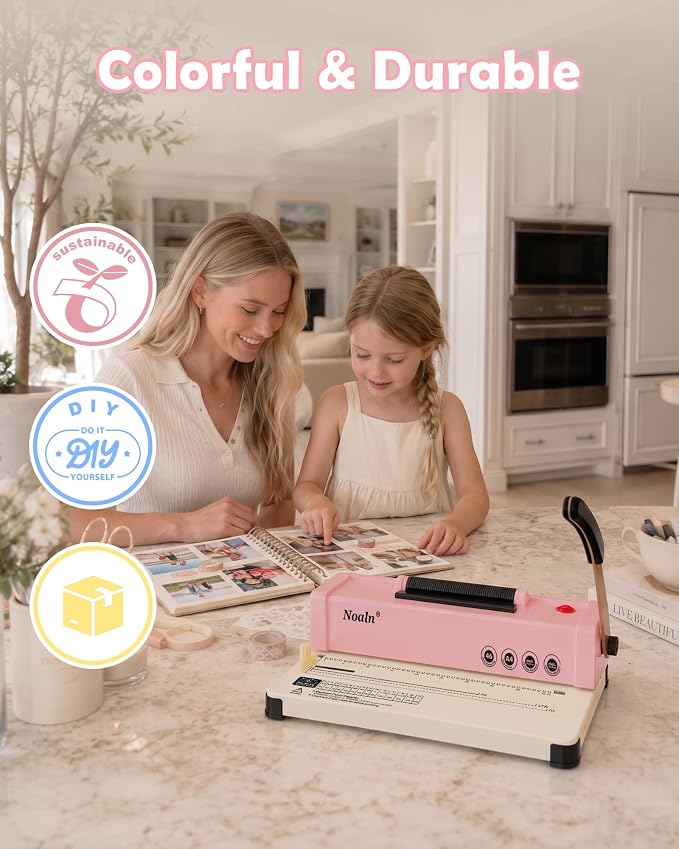 46-Hole Binding Machine Spiral Coil Binder Classic Pink,DIY Book Binder Kits with Electric Coil Inserter,100pcs Comb Binding Spines,for Letter Size/A4/A5 School Office Home