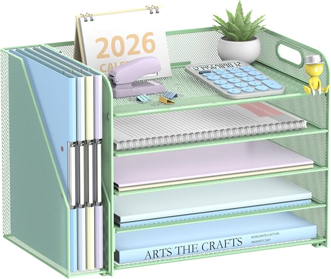 5-Tier Desk Organizer with File Holder, Paper Organizer, Mint Green | 5 Letter Trays and Vertical File Holder with Metal Mesh Frame for Papers Folders Books and Mail in Office Home or School
