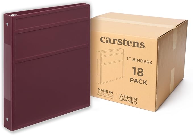 Carstens 1-Inch Heavy Duty 3-Ring Binder - Side Opening, Wine, Durable Plastic, No-Gap Rings, Waterproof Cover, No Pockets, Holds 125 US Letter Sheets, BPA-Free, Made in USA (8703-3R), Case of 18