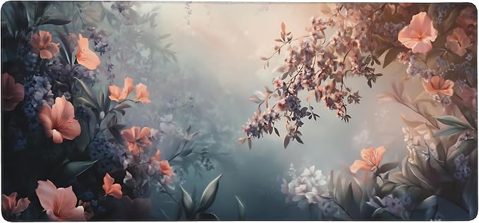 Cute Floral Aesthetic Azalea Gaming Mouse Pad, Ink Blue Red Dreamy Desk Mat with Anti-Slip Base & Stitched Edges,35.4" x 15.7" in Table Mat for Computer Desktop, Beautiful Workstation Decor
