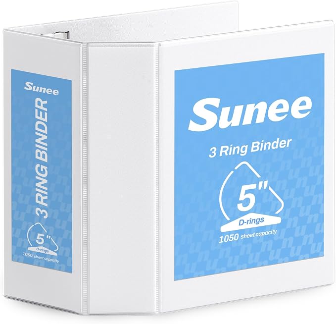 SUNEE 5 Inch Binder 3 Ring Easy Open, 5" Extra Large D Ring Clear View PVC-Free (Fit 8.5x11 Inches) for Office or School Supplies, White, 1 Pack