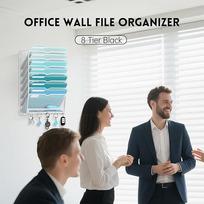 8-Tier Wall File Organizer and Mail Organizer with 5 Hooks, White | Label slots, curved openings, 5 key hooks, and a bottom tray support organized mail, file, and everyday item storage.