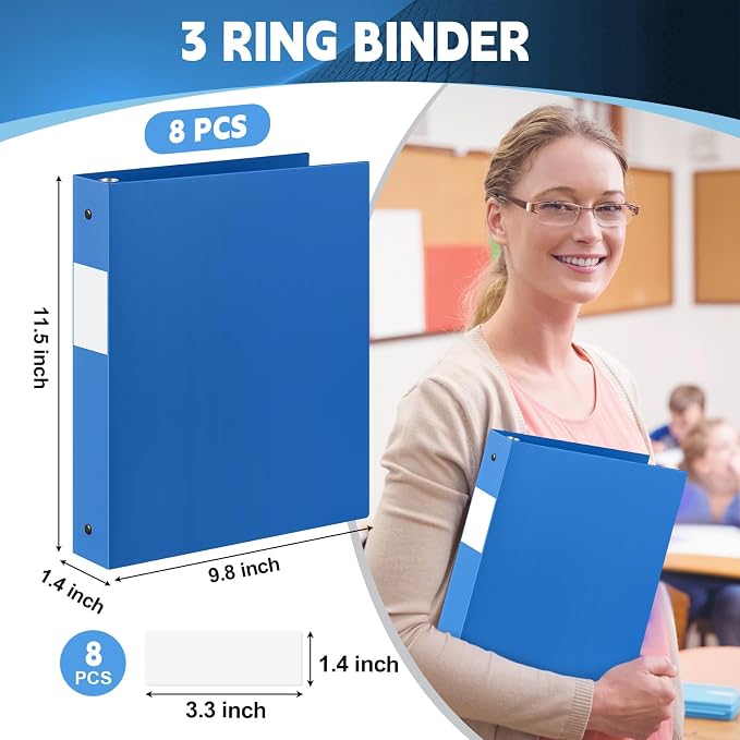 Henoyso 8 Pcs 1 Inch 3 Ring Plastic Binders, Bulk Flexible PP Binders for Classroom & School Supplies, Letter Size 8.5 x 11, Holds 240 Sheets with Interior Pocket (Blue)