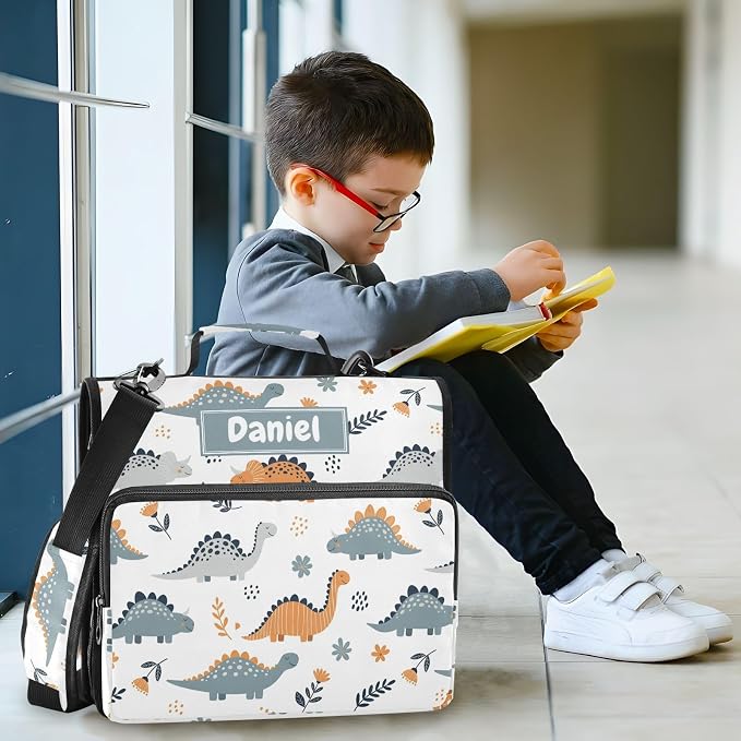 Custom Dinosaurs Flowers White Pattern 3 Ring Zipper Binder with Shoulder Strap & Handle 1.5 Inch D-Ring Zippered Bag with Multiple Pocket, Personalized Binder Organizer for School or Office