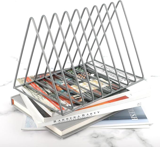 Vinyl Record Holder Storage, 9 Slot Metal Magazine Book Album Display Rack, Stylish Triangle Desktop File Sorter Organizer for Home Office, Grey Pack of 2