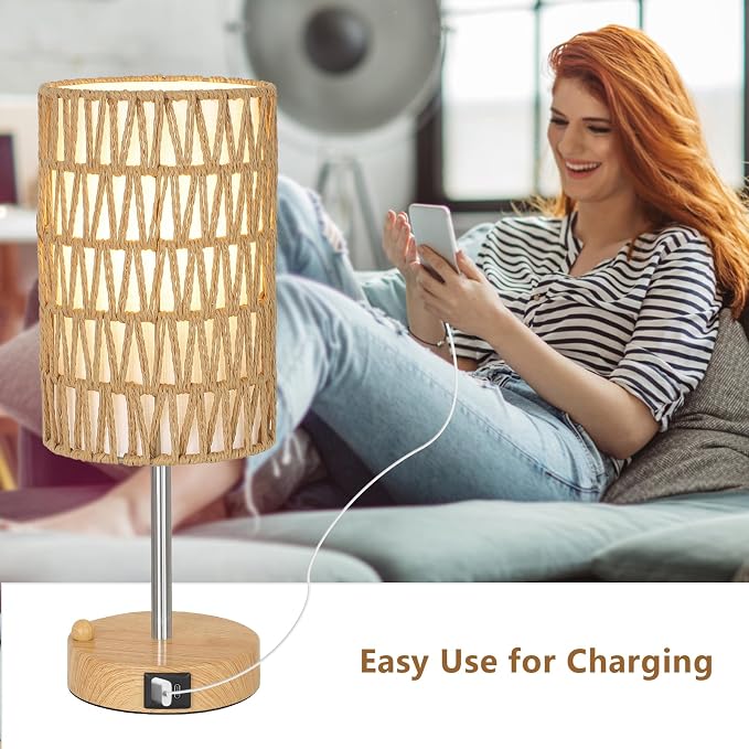 Boho Table Lamp for Bedroom with Bulb, Small Touch Control Table Lamp for Living Room with Rattan & Linen Shade, 3 Way Dimmable Bedside Lamp for Nightstand with USB Charging Port & Phone Stand