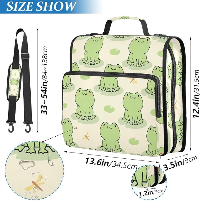 Personalized Cute Frog 3 D-Ring Binder Bag Zipper Organizer | Multi-Pocket with Handle and Detachable Shoulder Strap Holds 500 Sheets for School Office Supplies