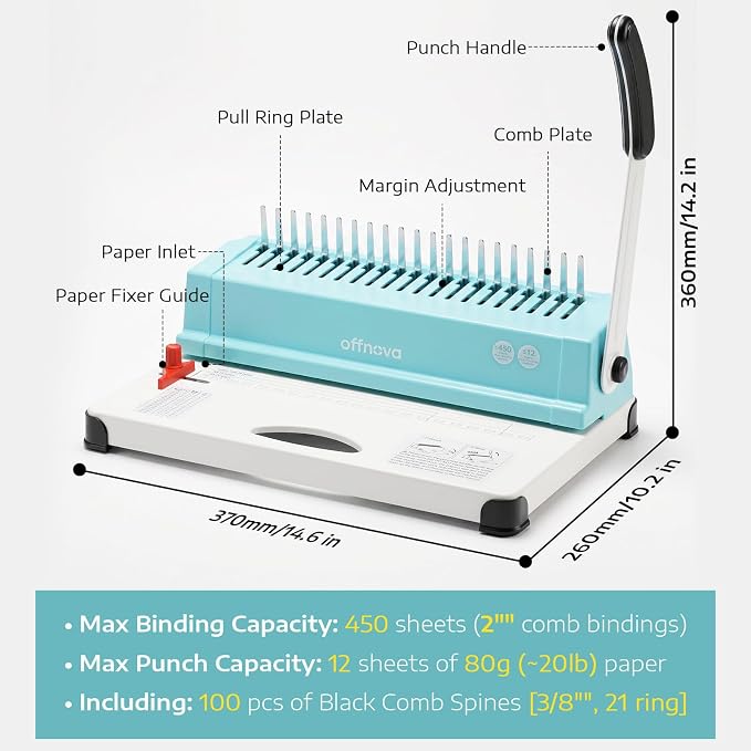 OFFNOVA Binding Machine, 21-Hole 450 Sheets Paper Comb Punch Binder Machine for Letter Size / A4 / A5 Paper, Easy to Punch Handle, Adjustable Margin, Mint with White Base