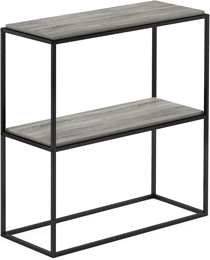 Furinno Moretti 2-Tier Metal Frame Storage Shelves, French Oak Grey | Easy Assembly, Stackable, Rectangular, Book Shelf, Display Shelf, for Organization, Living Room, Garage, Home Office