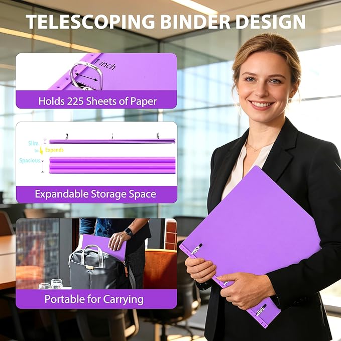 WOT I 4-Pack 1 Inch Telescoping 3 Ring Binder, Expandable Flexible Binder - Patented Design for Easy Portability, Holds 8.5"x11" Paper, Perfect for School, Office&Home Organization