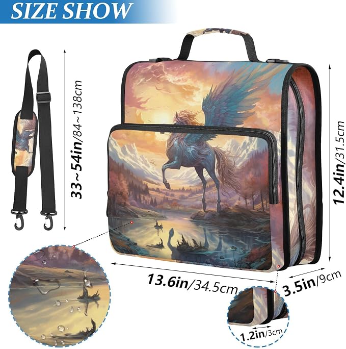 ALAZA Fantasy Landscape with Winged Horse in The Sky Zipper Binder 1.5 inch 3 Ring Binder Organizer with Shoulder Strap and Handle for Home Office Work