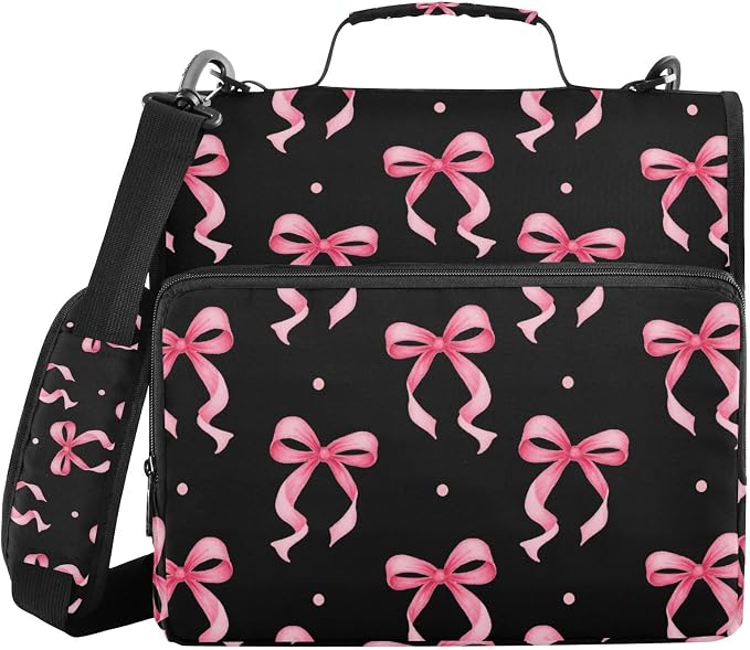 3 D-Ring Zipper Binder Bag, Pink Ribbon Bow Dots Black Pattern Removable Binder with Zipper Case Hold 300+ Sheets& 13 Inch Laptop for School Office Supplies Organizer