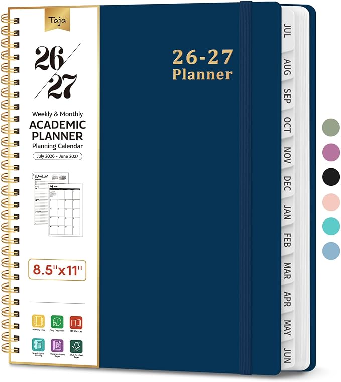 Taja Planner 2026-2027, 8.5" x 11" Calendar Planner, Jul 2026-Jun 2027 | Letter Hardcover Weekly & Monthly Academic Year Planner, Large Planning Agenda With Tabs, School & Office Supplies, Navy Blue