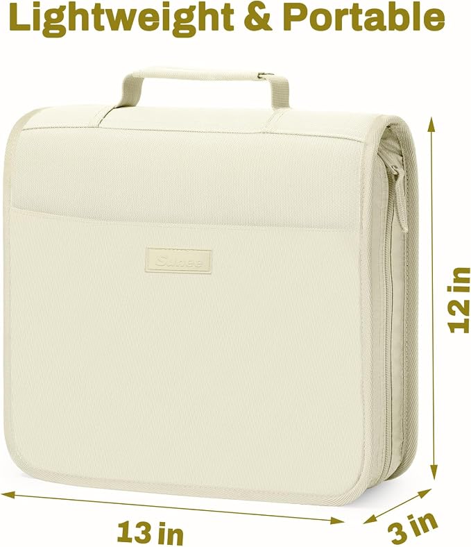 SUNEE Zipper Binder with Handle, 1.5 Inch O-Ring, 325 Pages Capacity, with 5-Tab Expanding File Folder for Classified Storage, Small Size Lightweight Zipper Bag for Middle School Students, Soft Beige