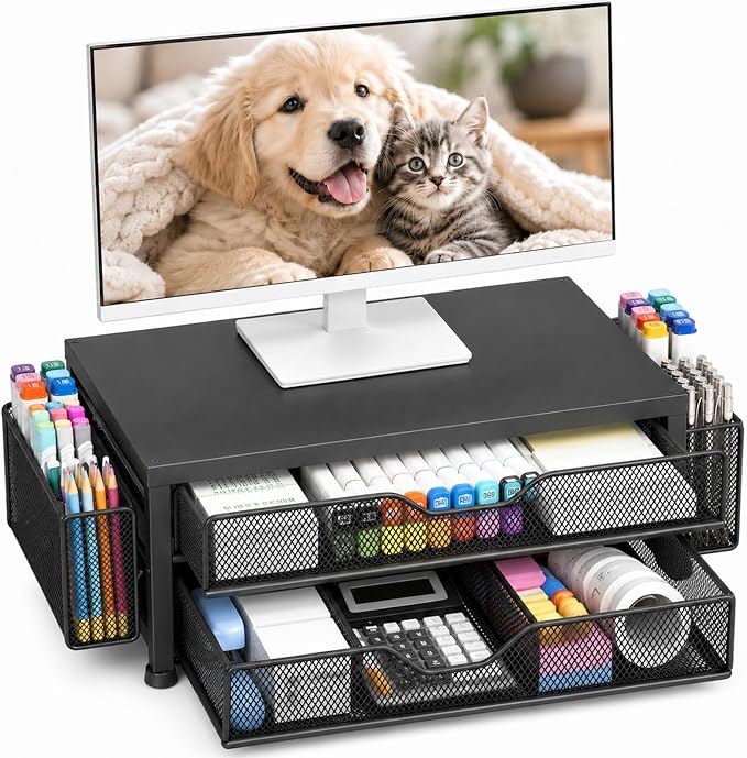 Desk Organizer and Accessories, 2-Tier Computer Monitor Stand Riser with 2 Drawer and 2 Pen Holders, Laptop Stand, Office Desk Accessories for Office Supplies, Black Metal