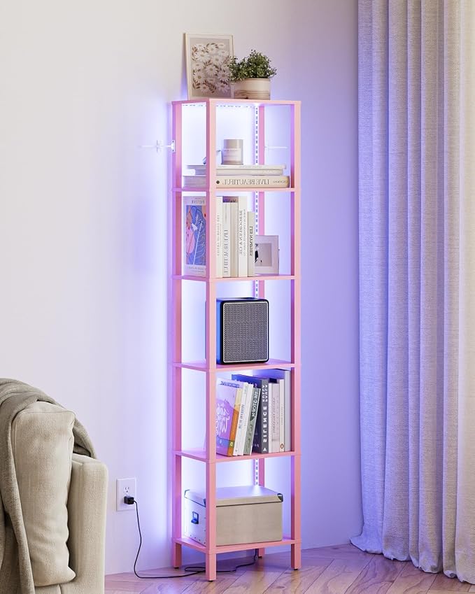 Open Book Shelf with LED Lights, 6 Tier Tall Bookshelf, Freestanding Shelf Narrow Bookcase with Open Shelves, 14.57" x 10.63" x 65.83", Book Shelves for Living Room, Office, Study, Pink