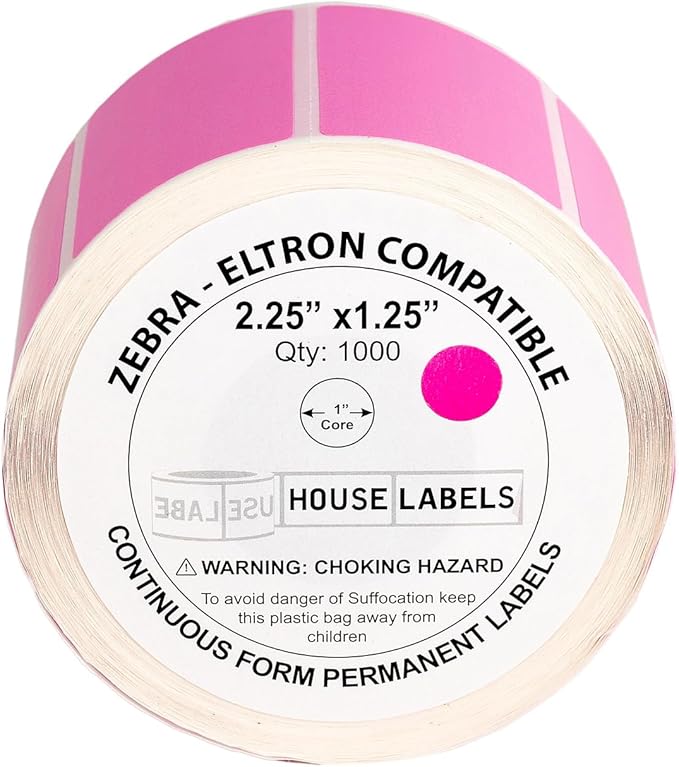 HOUSELABELS 2.25" x 1.25" Pink Address Labels on 1" Core Compatible with Zebra and Rollo Printers, 6 Rolls / 1,000 Labels per Roll