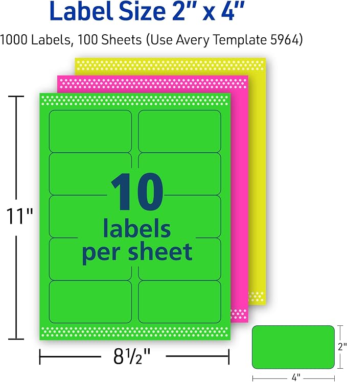 Avery Printable Shipping Labels with Sure Feed, 2"x 4", Assorted Neon Colors (Magenta, Green, and Yellow), Laser & Inkjet Compatible, 1,000 Blank Labels Total (5964)