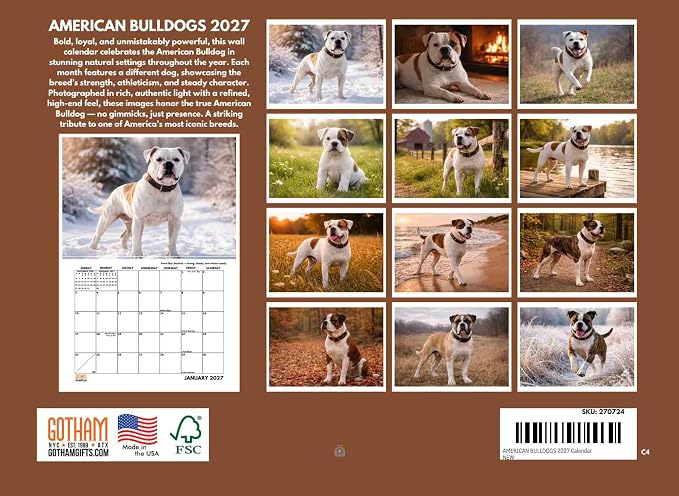 American Bulldog Calendar 2027 Monthly Wall Calender 12 Month