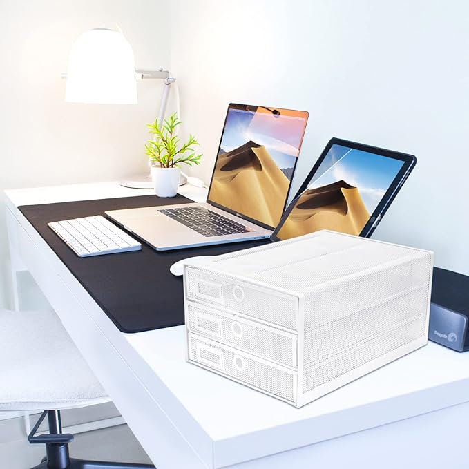 Annova Desk Organizer Wire Mesh 3 Tier Sliding Drawers Paper Sorter/Multifunctional/Premium Solid Construction for Letters, Documents, Mail, Files, Paper, Kids' Art Supplies (White)