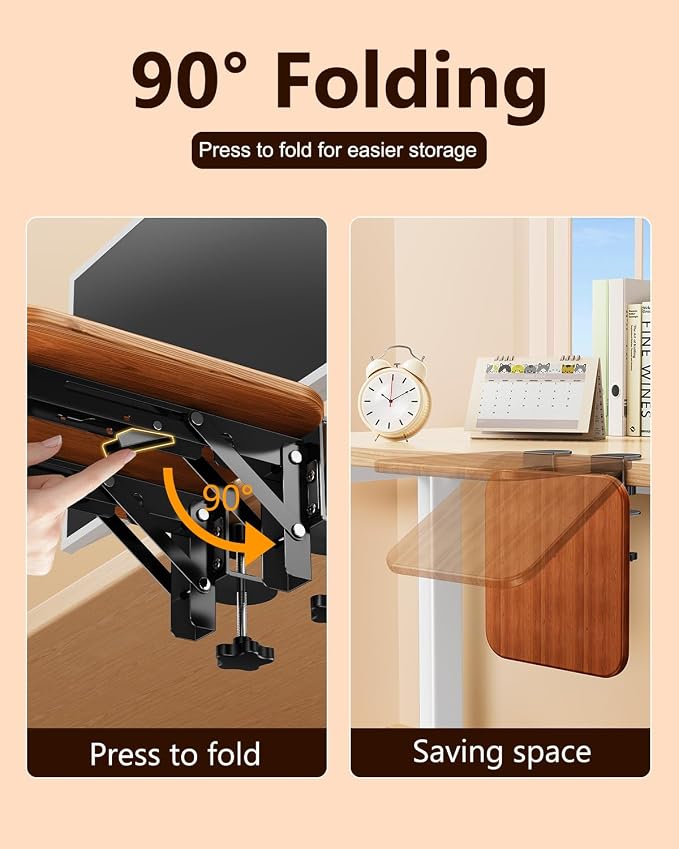 Ergonomic Wood Desk Extender Tray, Foldable Elbow Wrist Rest Shelf | 8.2"x7.6" Clamp On, 90° Adjustable, Space Saving Table Mount Arm Support for Office Home Working,Fits Up To 1.77in Thick Desk
