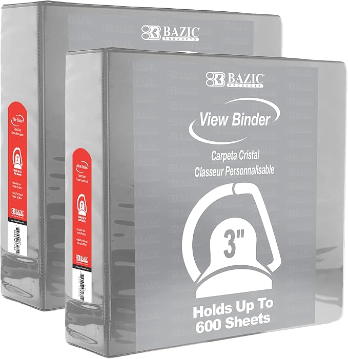 BAZIC Products 3" Grey 3-Ring View Binder, Slant-D Ring, 2 Pockets, 2-Pack | 2 inside pockets, 3 in Grey view 3-ring binder, slant-D rings, holds up to 600 sheets, Durable poly cover