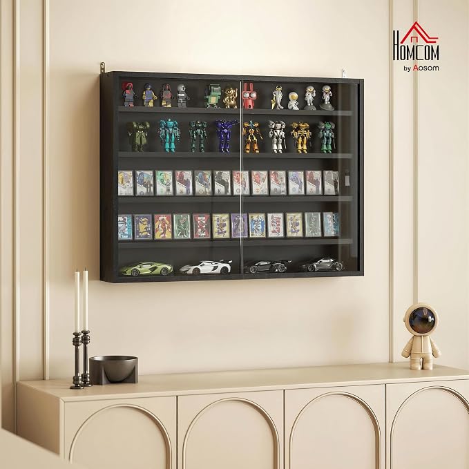 HOMCOM 5-Tier Wall Mounted Display Cabinet Glass Doors 60x80cm Jet Black | Display Case, 4 Adjustable Shelves, for Home Office Ornaments