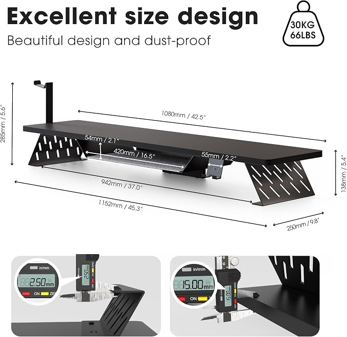 Fenge Dual Monitor Stand, Wooden Desk Shelf with Headphone & Phone Holder | 42.5" Monitor Riser with Storage Shelf, 2-Tier Monitor Shelf with Metal Leg for Home Office Organizer, Black