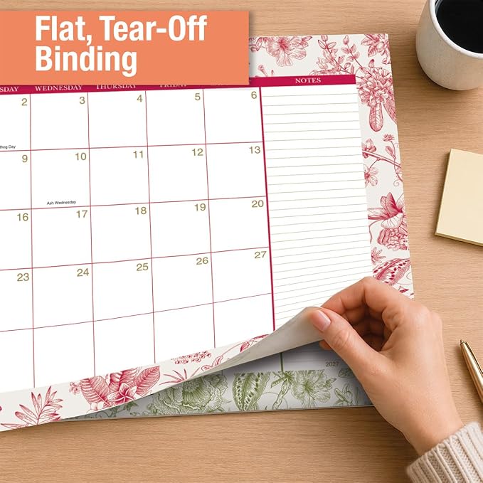 Current 2027-2028 Desk Calendar | Toile Floral, 11” x 16.25”, Large, 2024-Month, 12 page Designs, Self-Stick Magnet Strips