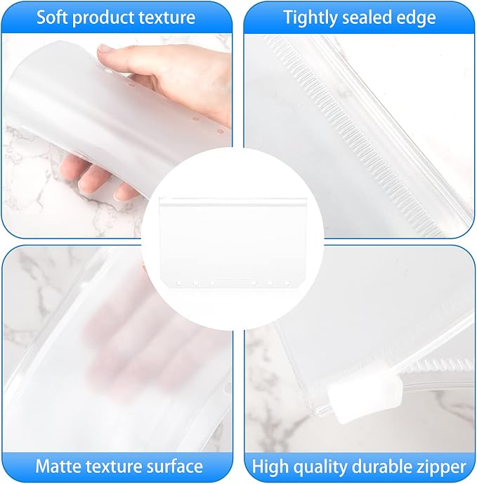 60pcs A6 Binder Pockets 6 Holes Zipper Folders Clear PVC Card Loose Leaf Bags Cash Envelopes for Budgeting Binder Waterproof Document Filing Bags for 6 Ring Notebook Planner Inserts