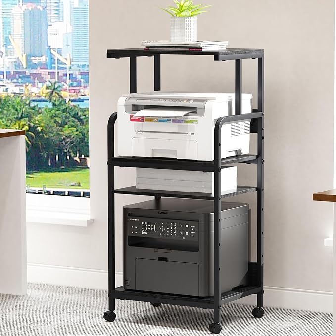 Arbuxzuy 4 Tier Stand with Storage Shelf, Tall Mobile Printer Table for Home Office, Adjustable Stands for Heat Press Scanner Fax (Black)