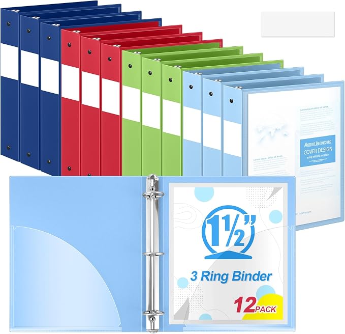Henoyso 1.5 Inch 3 Ring Binders with Clear Front Cover and 2 Pockets, Round Ring Binders Fits 8.5'' x 11'' Letter Size Paper for School Office Supplies, 12 Pack (Assorted Fresh Color)