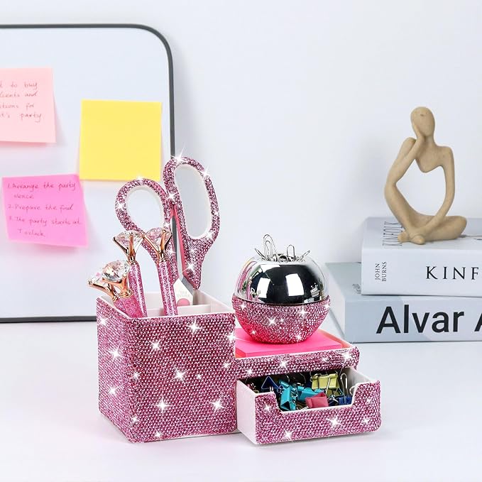 MultiBey Bling Pink Rhinestone Desk Accessories Set, 4 Pcs | Crystal Office Stationery Kit with Drawer Organizer, Paper Clip Holder, Scissors & Diamond Pen Desktop Decor & Gift for Women