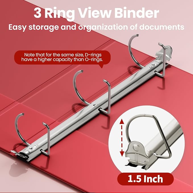 SUNEE 3 Ring Binder 1.5 Inch D Ring, Clear View Binder Three Ring PVC-Free (Fit 8.5x11 Inches) for School or Office Supplies, Dark Red, 1 Pack