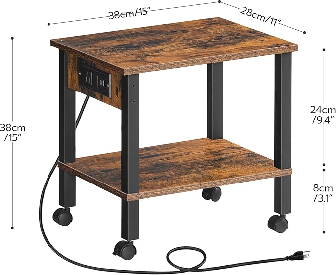 HOOBRO 2-Tier Printer Stand with Charging Station, Under Desk Printer Table, Printer Cart with Storage Shelves, Shelf for Small Spaces, for Home Office, Rustic Brown and Black BF38UPS01