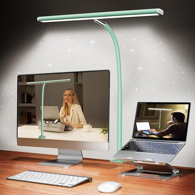 Airlonv LED Desk Lamp with Clamp, 17" Stepless Dimming Light, Mint Green | 2700K-6500K, 100 LEDs, 360° Gooseneck, Fits Up to 30" Monitors, Flicker-Free Lighting for Home Office, Study& Workbench