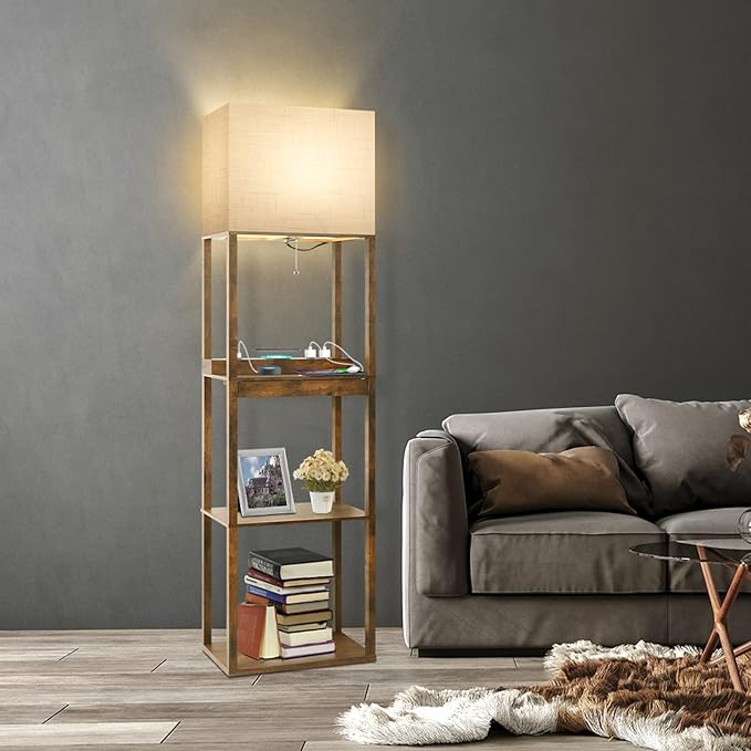 Floor Lamp with Shelves, Plus Shelf Lamp with Wireless Charger, 2 USB Port and Outlet, 1 Drawer, 15W LED Bulb, 3 Colors, Memory Function, Floor Lamps for Living Room, Standing Lamp for Bedroom