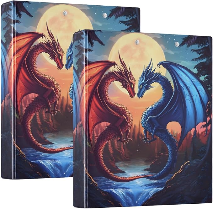 ALAZA 3 Ring Binder Red Blue Dragons Night Clipboard Round Ring Binder Holds 1.5 Inch Three Ring Binder Heavy Duty Ring Binders for Office Supplies, 1Pack