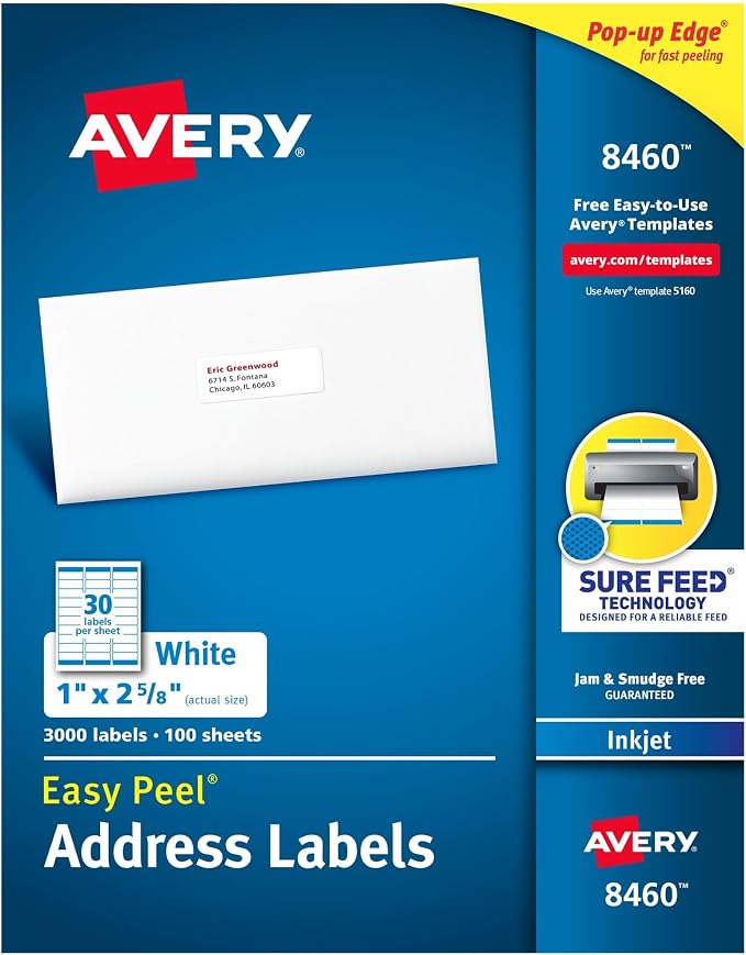 Avery® Easy Peel® Printable Address Labels, Sure Feed® Technology, Customizable Stickers, White, 3,000 Blank Mailing Labels, Great for Mailing, Shipping,& More (8460) 1" x 2-5/8" (Pack of 5)