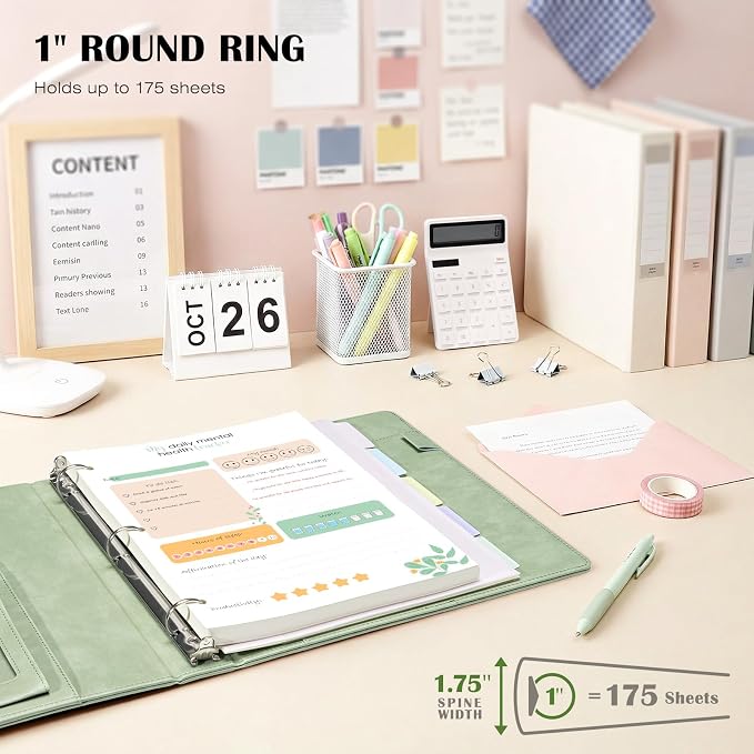 Ospelelf Leather 3 Ring Binder for Letter Size Documents with Pocketed Dividers, 1 Inch Round Rings, Holds 175 Sheets, Binders with Storage Bag & Notepad, for Office School Home Organization, Green